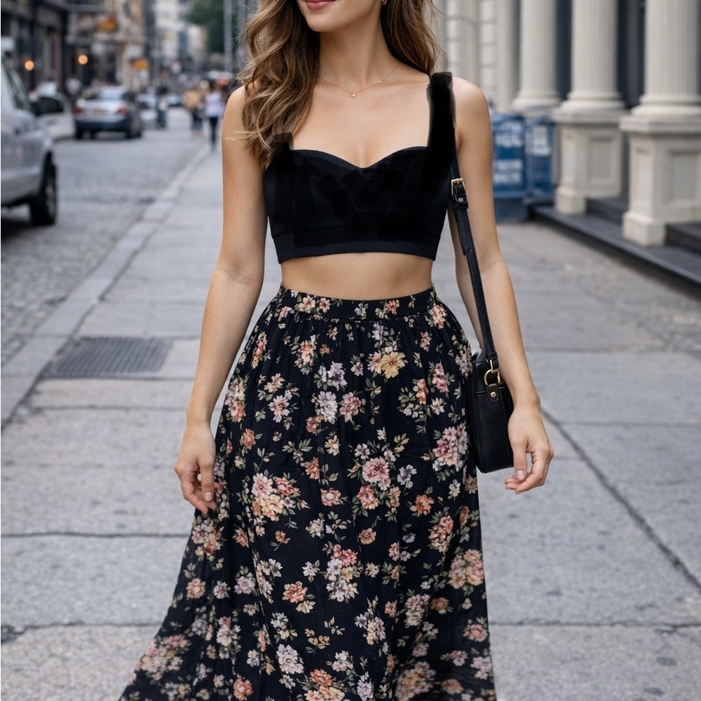 MinkPink black ribbed crop top bustiere, criss cross straps back, stretchy, sz S